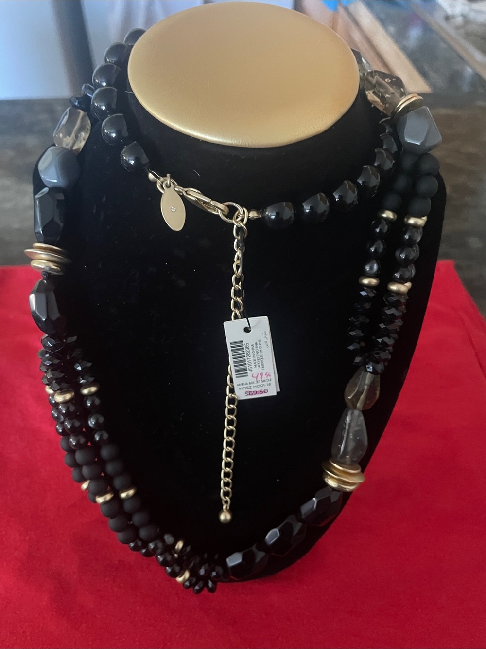 Chico's Black Beaded Multi-Strand Necklace with Gold Accents